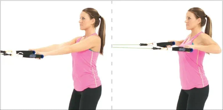 Fitness instructor demonstrating standing rows using bands