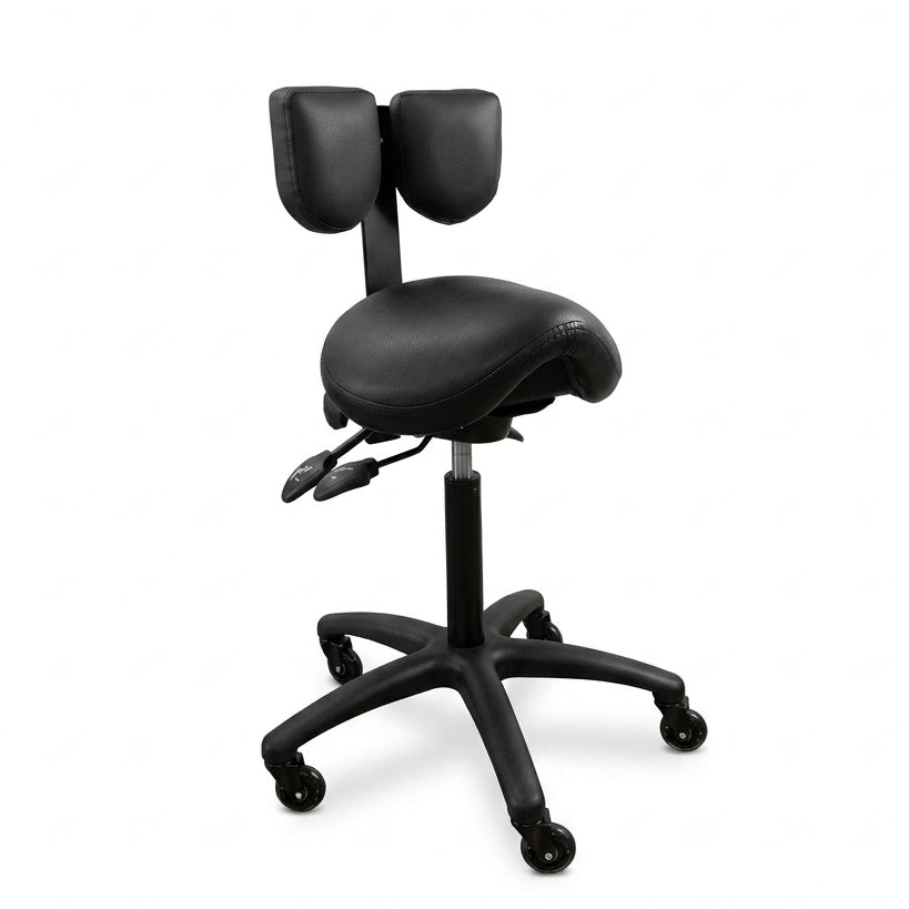 Saddle Chair by NuChair in black — three-quarter view, lowered position