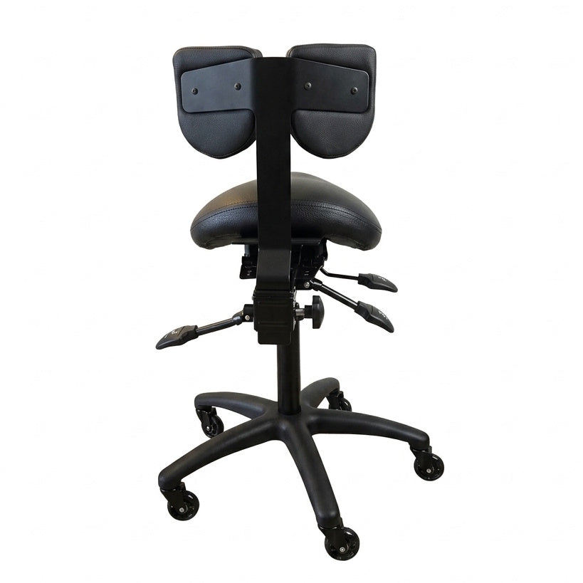 Saddle Chair by NuChair in black — rear view, lowered position