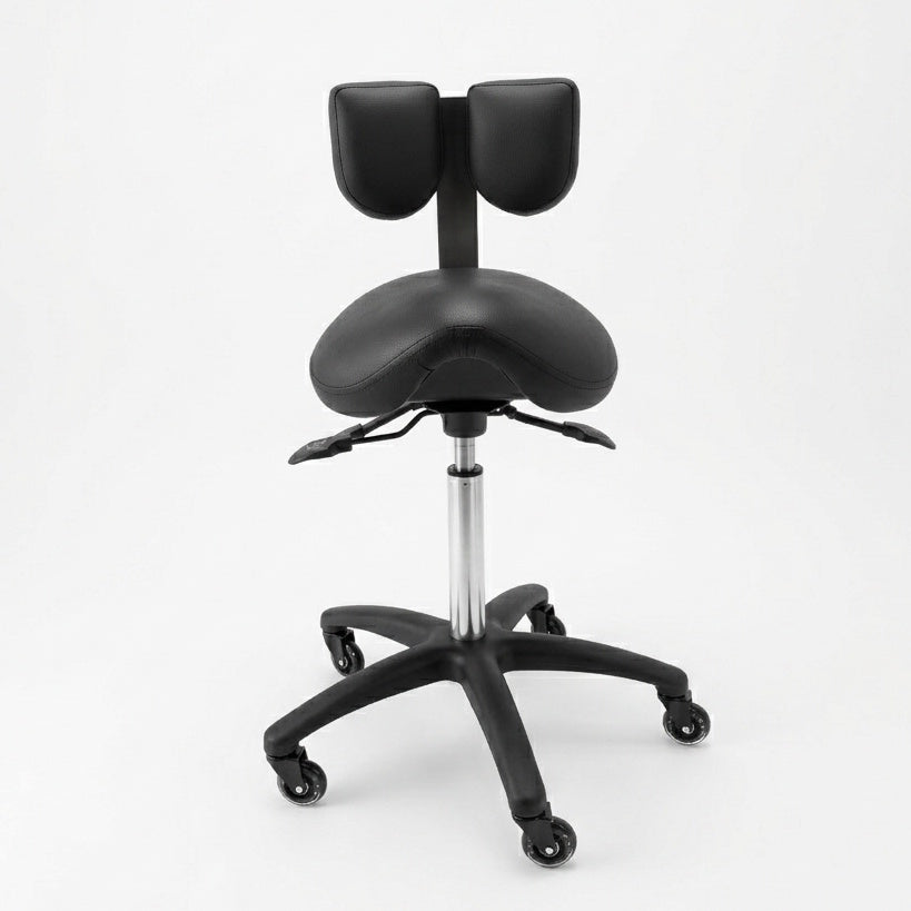 Saddle Chair by NuChair in black — front view, lowered position