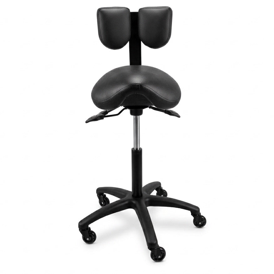 Saddle Chair by NuChair in black — front view, raised position