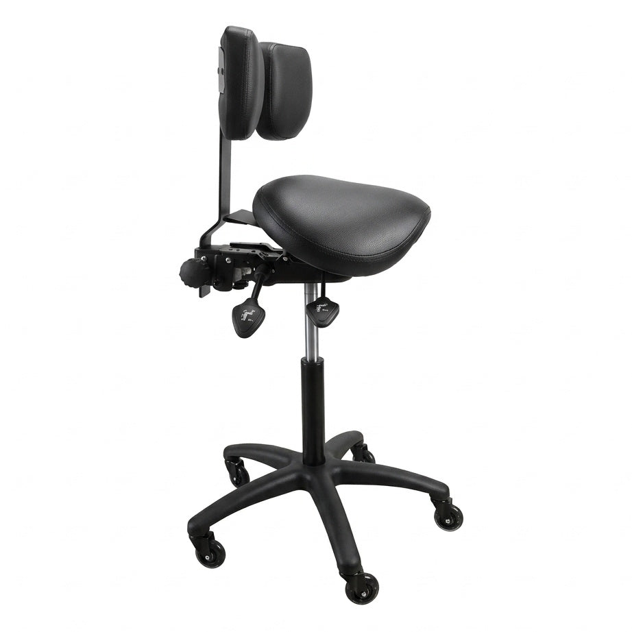 Saddle Chair by NuChair in black — three-quarter view, raised position