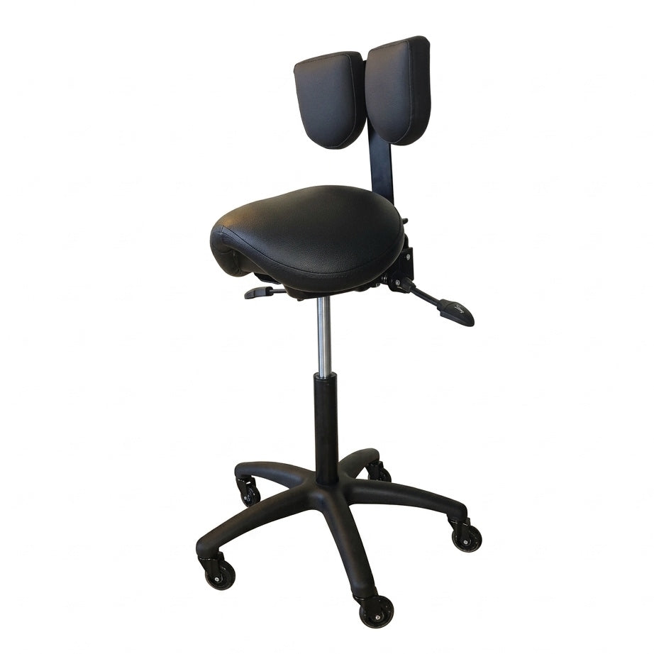 Saddle Chair by NuChair in black — opposite three-quarter view, raised position